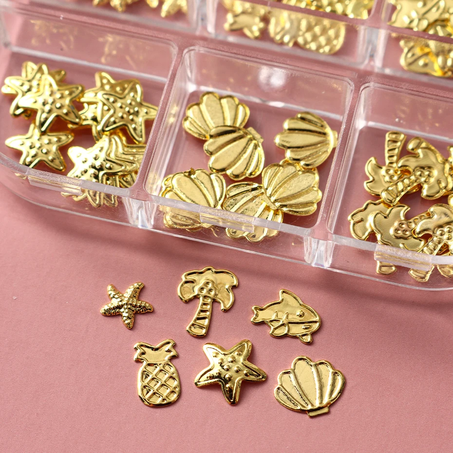 6Grids Luxury Nail Charms Ocean Shell Starfish Hawaii Design Gold Metal Jewelry Coconut Dolphin Figures Manicure Art Accessories