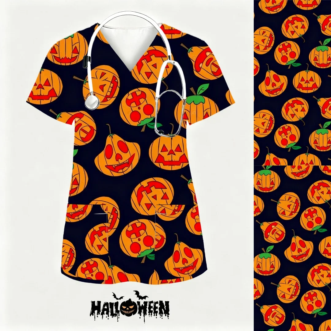 Uniforme clínico feminino halloween abóbora padrão impressão uniformes médicos mulher uniformes de enfermagem roupas de trabalho de manga curta