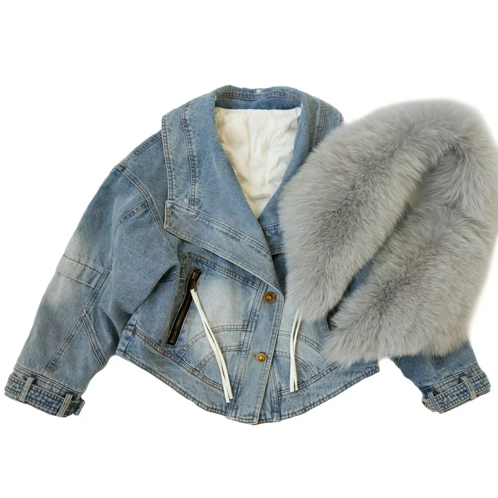 

Новая модная терможенская джинсовая пуховая куртка, зимняя парка со съемным большим лисьим меховым воротником, куртка из гусиных перьев