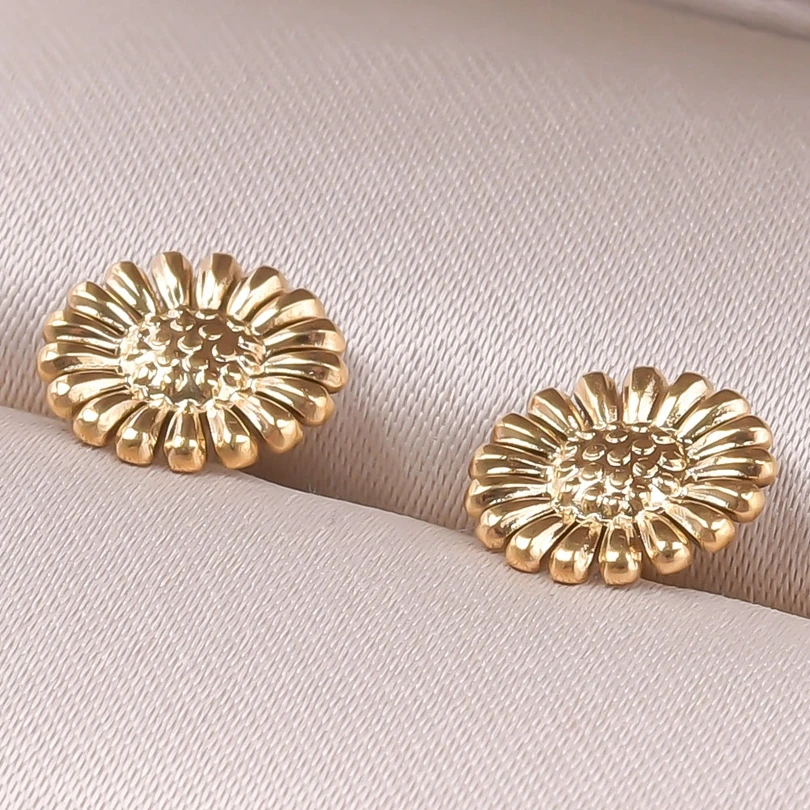 Fashion Ear Studs Gold Color Sun Heart Flower Stainless Steel Earrings For Women Men Accessories Ear Jewelry Fit DIY Rhinestone - Image 3