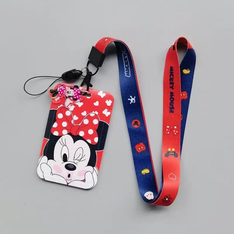 Set Kartu PVC Kartun Disney Minnie Set Kartu Tas Leher Anime Kampus Pelajar Set Kartu ID Tali Gantung Gantungan Kunci