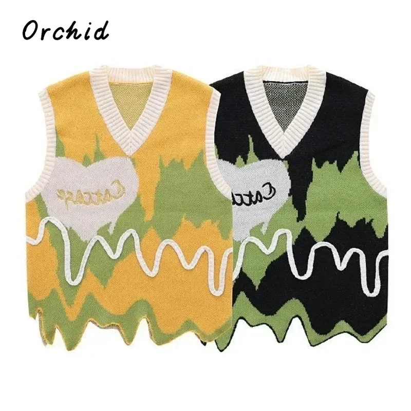 

Korean Sweet Style Top Women Kawaii Asymmetrical Mixed Color Knitting Vest Tops 2023 Fashion V-neck Harajuku Outerwear Tops