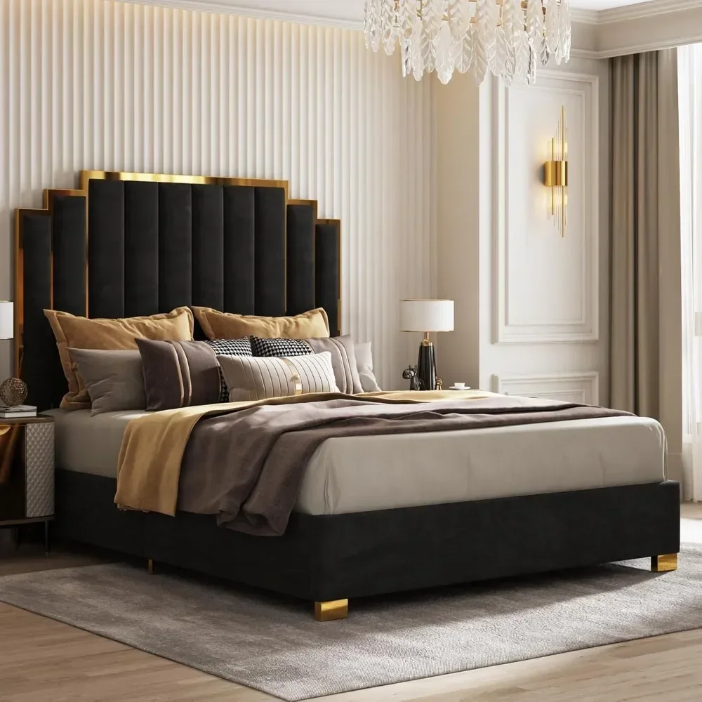 King Upholstered Bed, Velvet Bed Frame with 65.4” Tall Gold Trim Headboard, No Box Spring Needed,Bed Frame