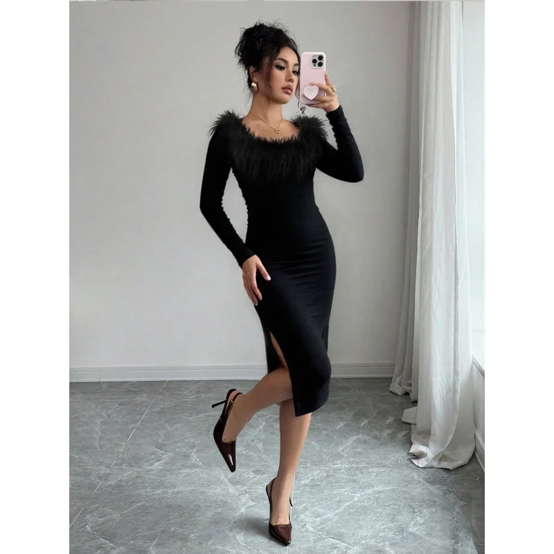 فستان YQ1-أسود بياقة قطيفة للنساء، فستان طويل بقصة ضيقة للخريف والشتاء مع فتحة جانبية، فستان سهرة أنيق