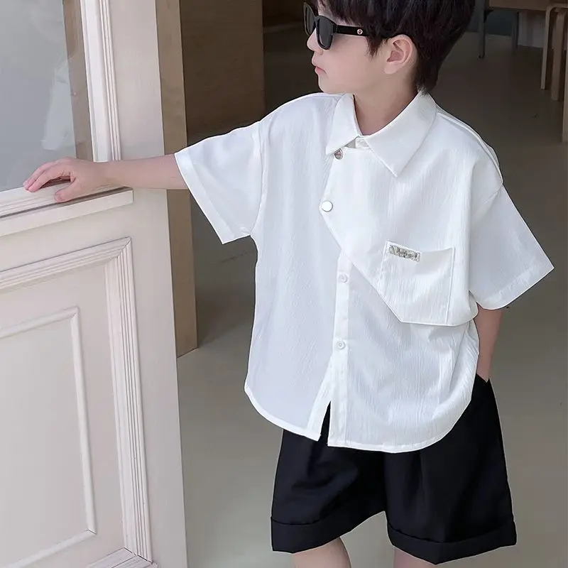 Boys' Short Sleeved Button Shirt Shorts Summer Sets 2024 New Children's Fashionable Handsome Korea Asymmetrical Loose Sets