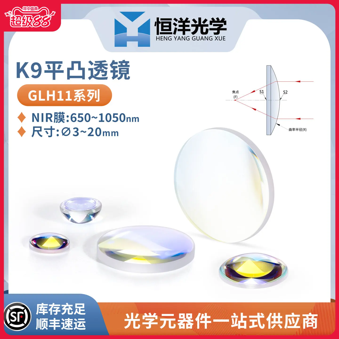 GLH11-K9 diameter 3/4/5/6.3/10/12/15/16/20mm NIR film wavelength 650-1050nm focusing beam expander collimating lens