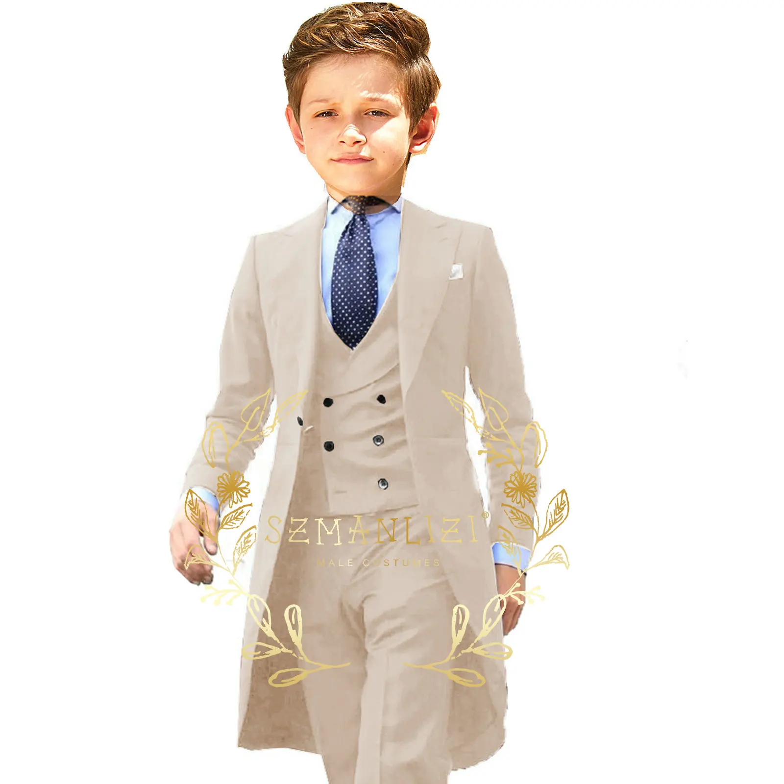 

Handsome Beige Boy Suit 3 Piece Tailcoat Blazer Vest Pants Set Kids Wedding Party Tuxedo Child Prom Dress Costume 3-16 years old