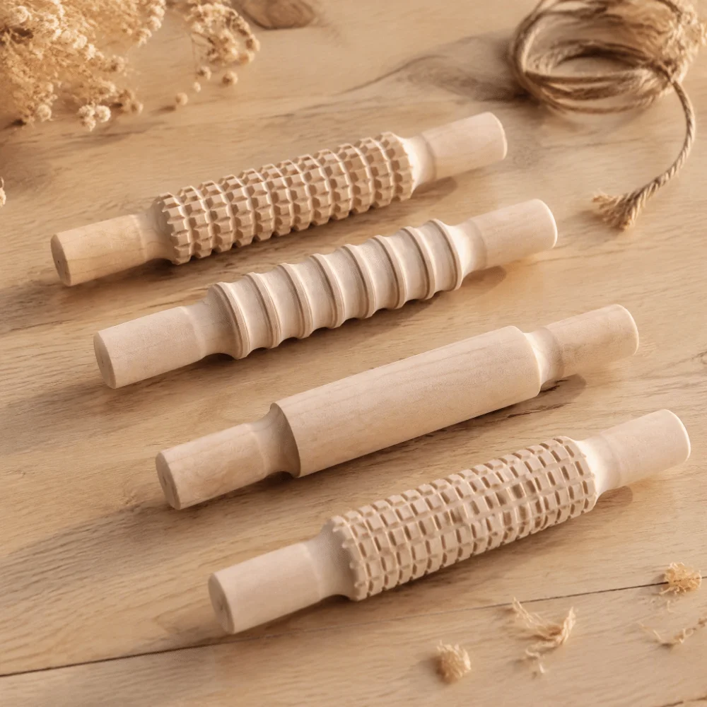 4pcs Durable Wood Rolling Pin Textured Assorted Pattern Dough Rolling Pin Easy To Clean Clay Texture Roller Dough DIY