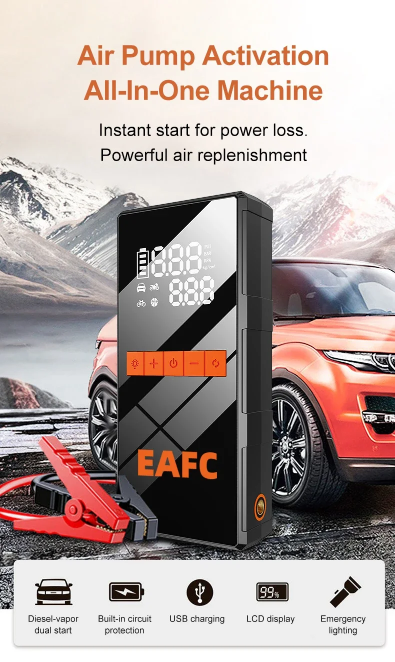 EAFC 4-in-1 Auto-Notfall-Starthilfe 1000A-2000A Spitzenstrom 150PSI Luftpumpe Reifenfüller Powerbank Booster Multifunktionswerkzeug – Detail 13