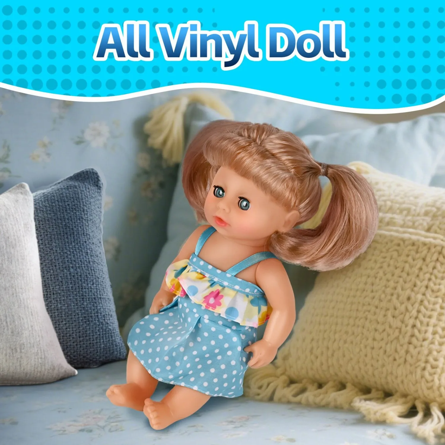 9 Inch Realistic Baby Doll with Open Close Eyes | Soft Body & Vinyl Head | Blue Polka Dot Dress | Perfect Gift for Kids, Include