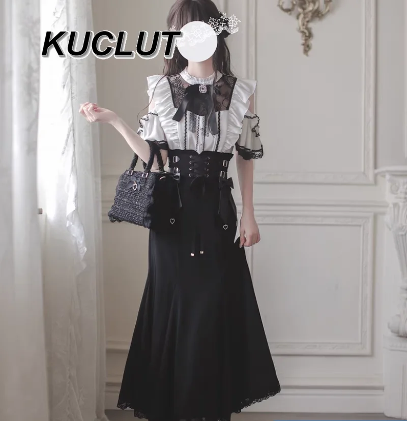 

Комплекты из 2 предметов в японском стиле. Женская одежда. Повседневная элегантная рубашка с открытыми плечами и длинной юбкой.