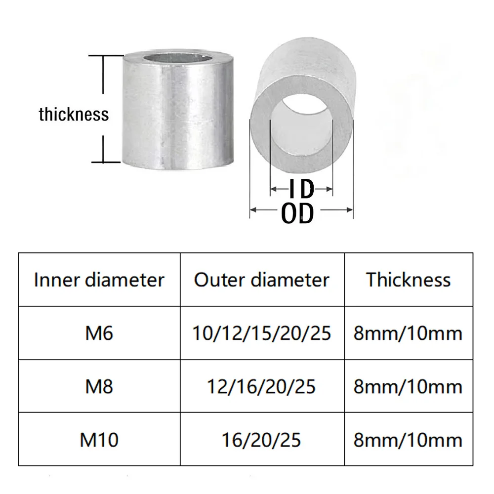 M6 M8 M10 Aluminum Round Spacer Bushing Thickened Metal Isolation Column Sleeve Washer Multiple Outer Diameter 8/10mm Thickness