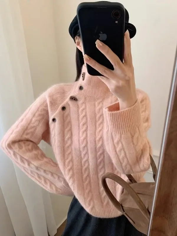 

Loose Fit Cashmere Knitted Sweater Women's High Collar Overhead Style Autumn Winter Warmth Fashion Casual Color