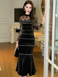 Women's French Style Long Dress Elegant Sexy Retro Sheer Embroidery Lace Splice Velvet Fishtail Robe Lady Banquet Party Vestidos