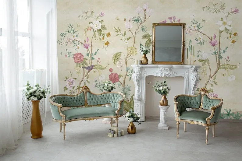 Chinoiserie Wallpaper Peel and Stick | Colorful Boho Floral Wall Mural