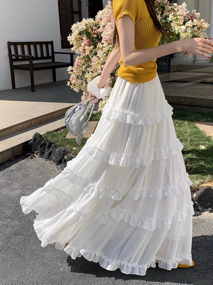 Falda de talla grande para mujer, falda de verano con cintura elástica, falda larga de corte A, falda larga de gasa para playa, faldas de fiesta coreanas estilo Lolita