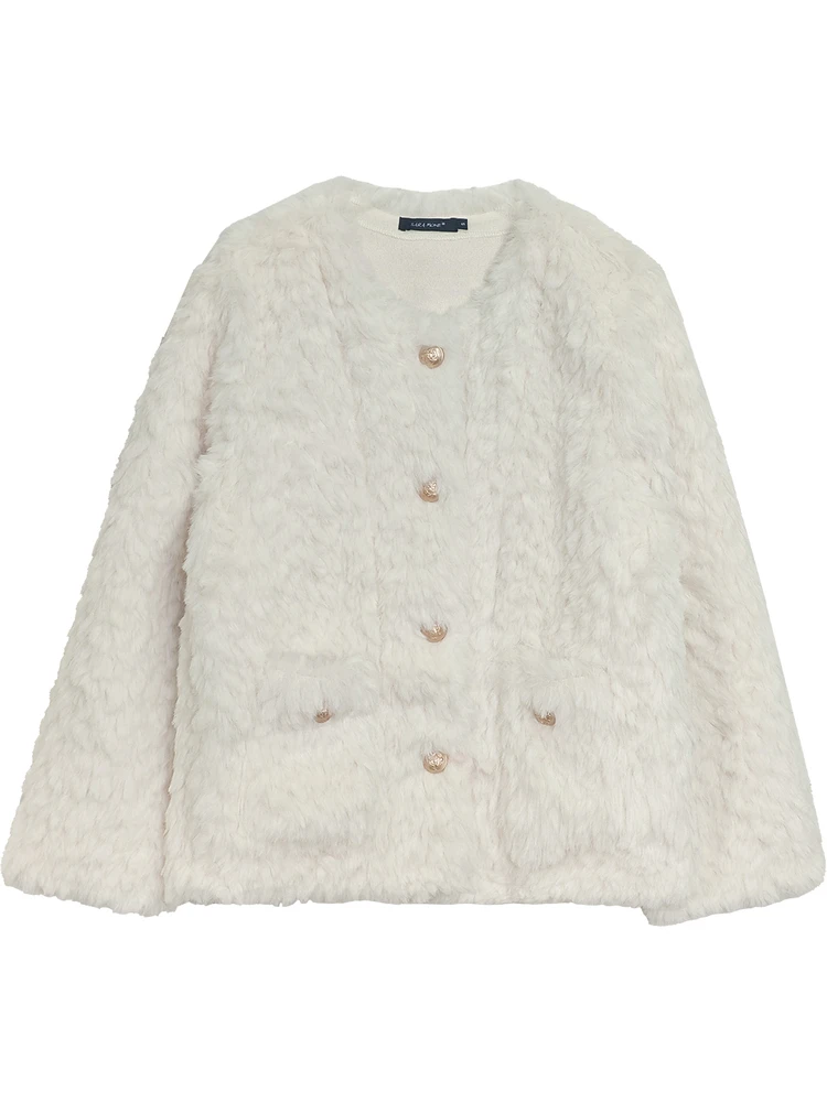 Jaqueta Feminina Masalady Studio de Couro e Pele Integrados, Branca, Quente, Sensação de Luxo, Caimento Solto, Manga Longa, Gola Redonda