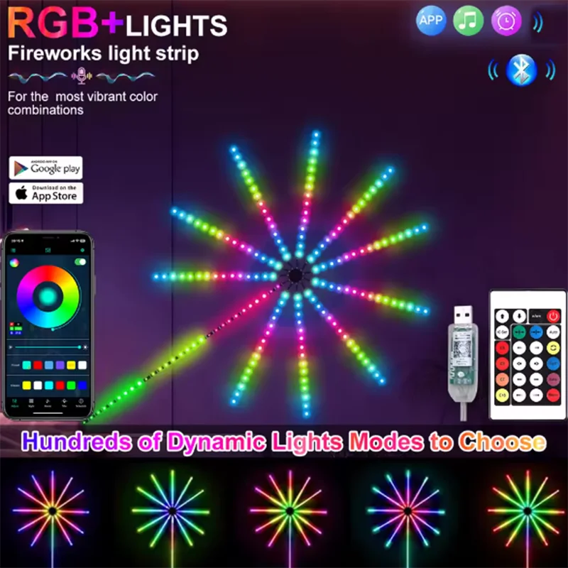 RGB LED Firework Lights String Bluetooth APP Control Sync Music USB 5V Dream Color Light Garland Wedding Party Christmas Decor
