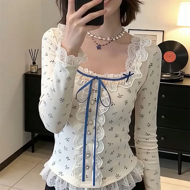 

Floral Fungus Edge Lace Bow Square Neck Shirt Spring 2026 Top