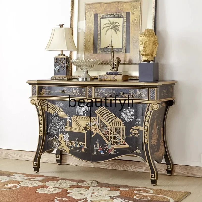 

ff American side cabinet retro storage decorative cabinet painted entrance cabinet engraving customization