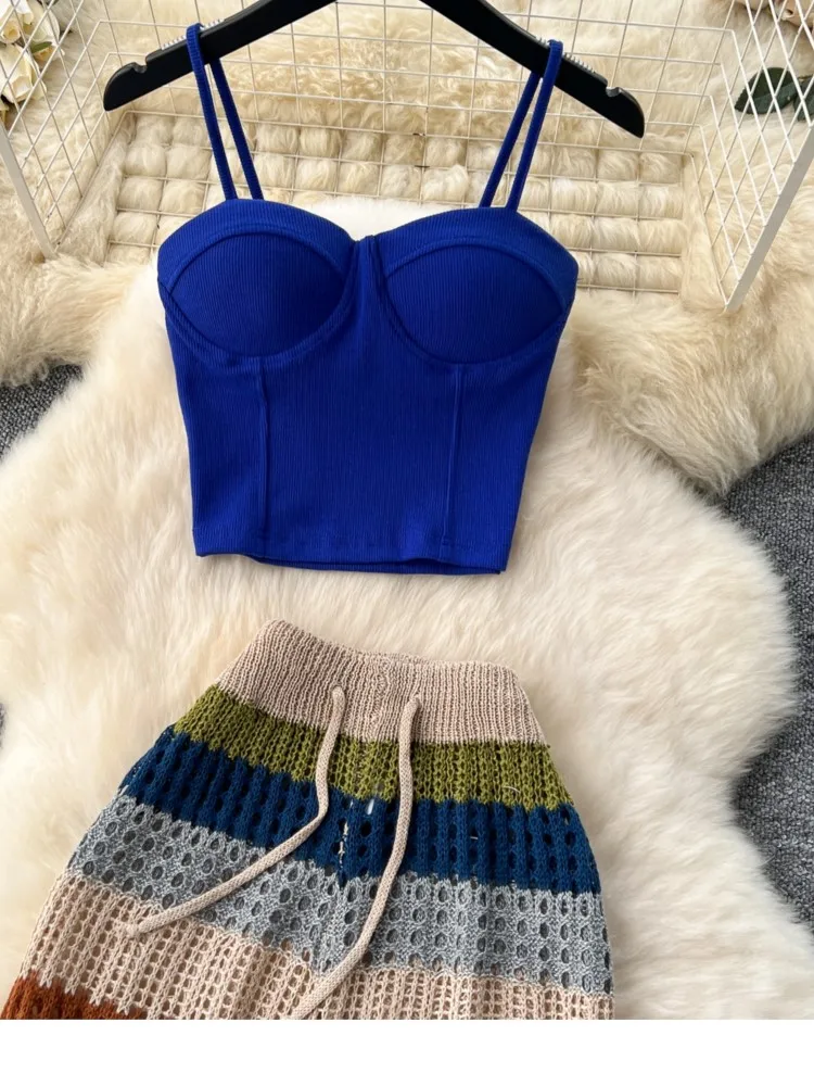 Women Sexy Sleeveless Short Strap Tops Vintage Colorful Striped Hollow Out Knitted Long Flare Pants Boho Beach Two Piece Suits