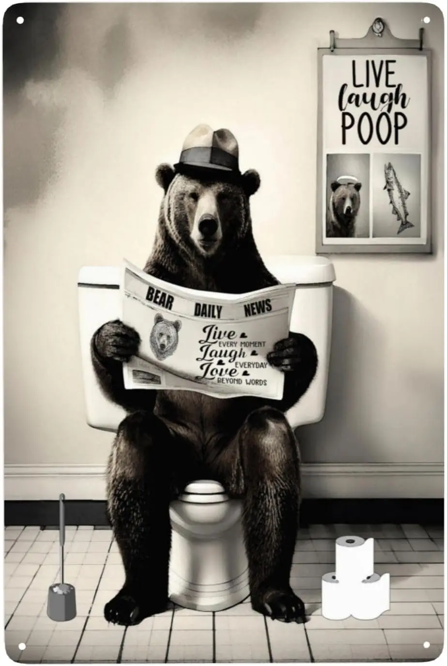 Funny Bear Metal Tin Sign Bear Read Newspaper Wall Art Bear Wall Decor for Bathroom Bedroom Living Room Decoration 8W*12L