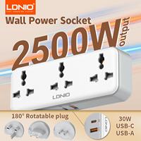 LDNIO 180° Rotatable Plug Wall Power Strip Universal Outlet 3 AC Socket 30W USB C USB A Fast Charging Port UK EU US Plug