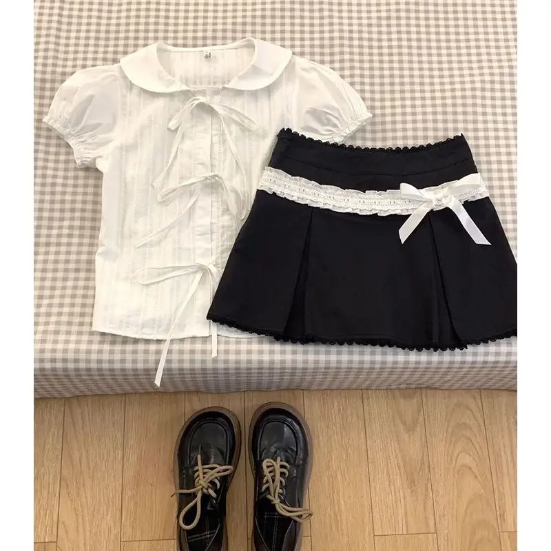 

Summer Fairy Sweet 2 Piece Set Women Korean Fashion Vintage Mini Skirt Suit Female Elegant Solid Tops+Bow High-waisted Skirt New