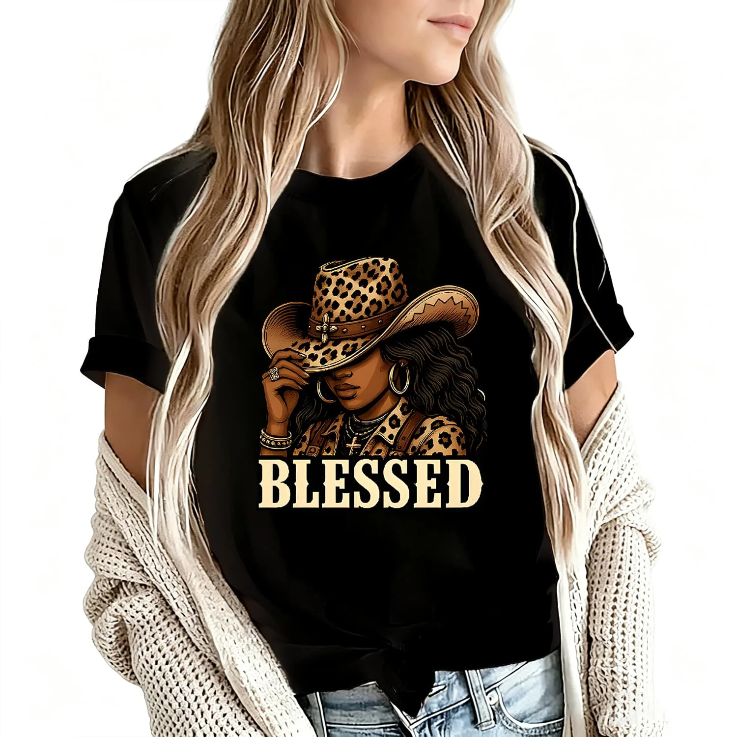 Blessed Black Cowgirl Women's T-Shirt 100% Cotton Funny Graphic Short Sleeve Tee Novelty Shirt Casual Crew Neck Top S-5Xl