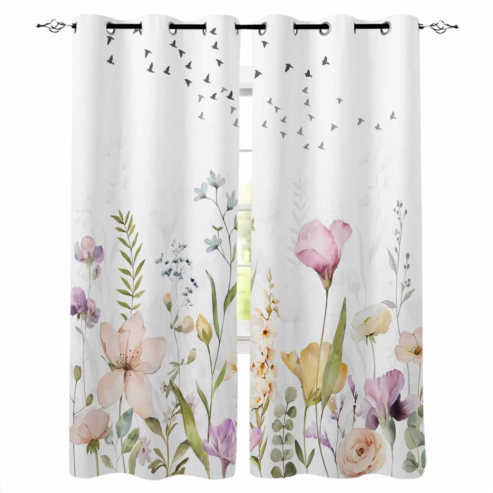 

Leaves Flower Silhouettes Flying Birds Curtains For Living Room Kids Bedroom Window Curtain Balcony Hall Drape Long Cortinas