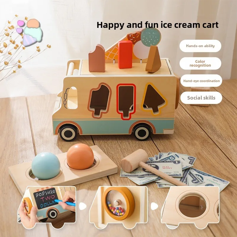 

Puzzle Wooden Ice Cream Truck Play House Toy Building Blocks Montessori Board Games Children's Magic Blackboard Interactive Toys