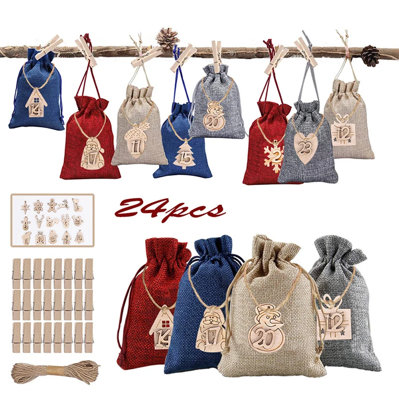 New Arrival 24pcs Christmas Advent Calendar Bags 24 Days Embellishments 1-24 Wooden Listing Labels