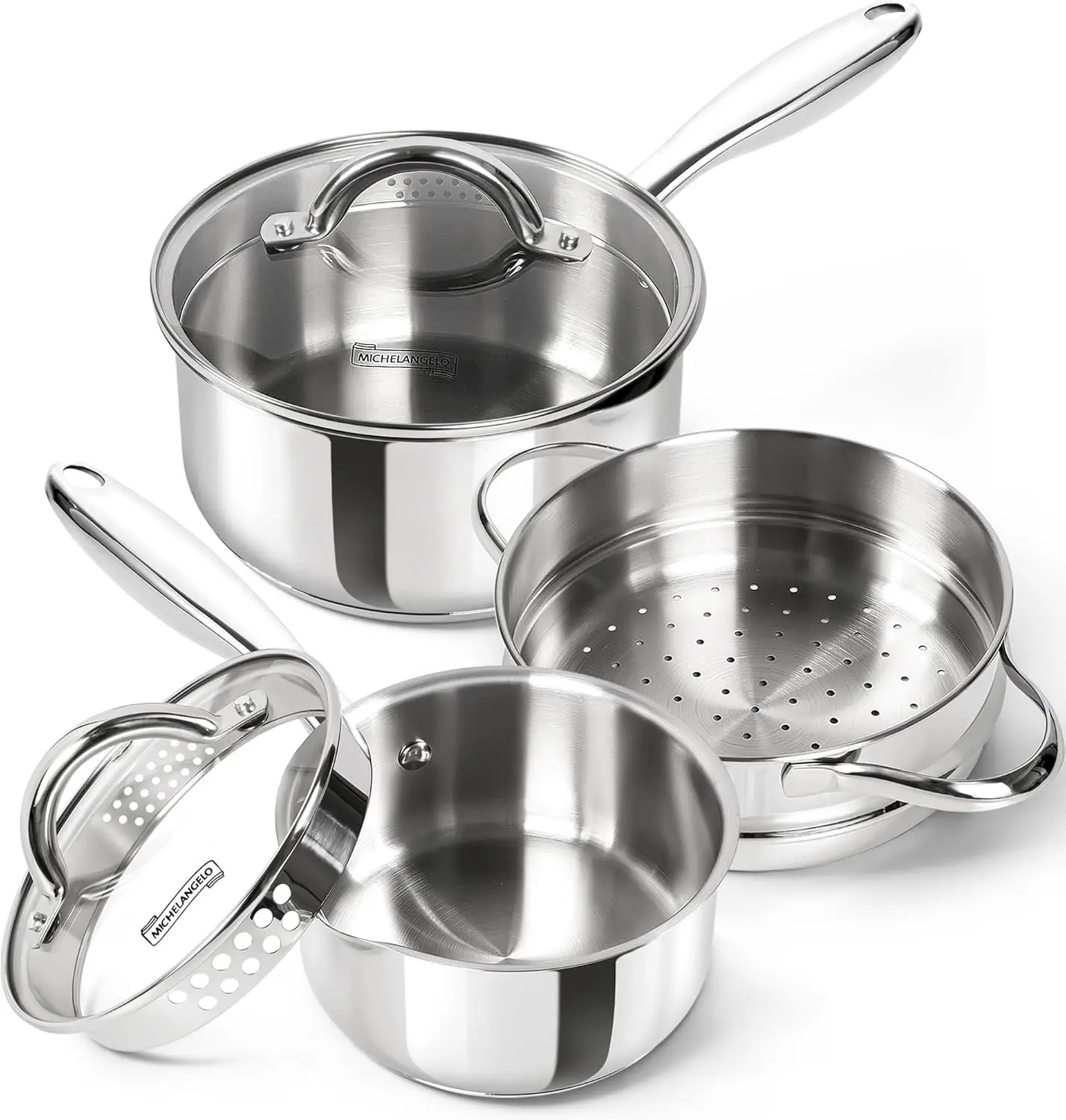 

MICHELANGELO Stainless Steel Sauce Pot Set with Steamer 5Pcs,1QT & 2QT, 18/10 Saucepan Set with Pour Spout & Strainer Glass Lids