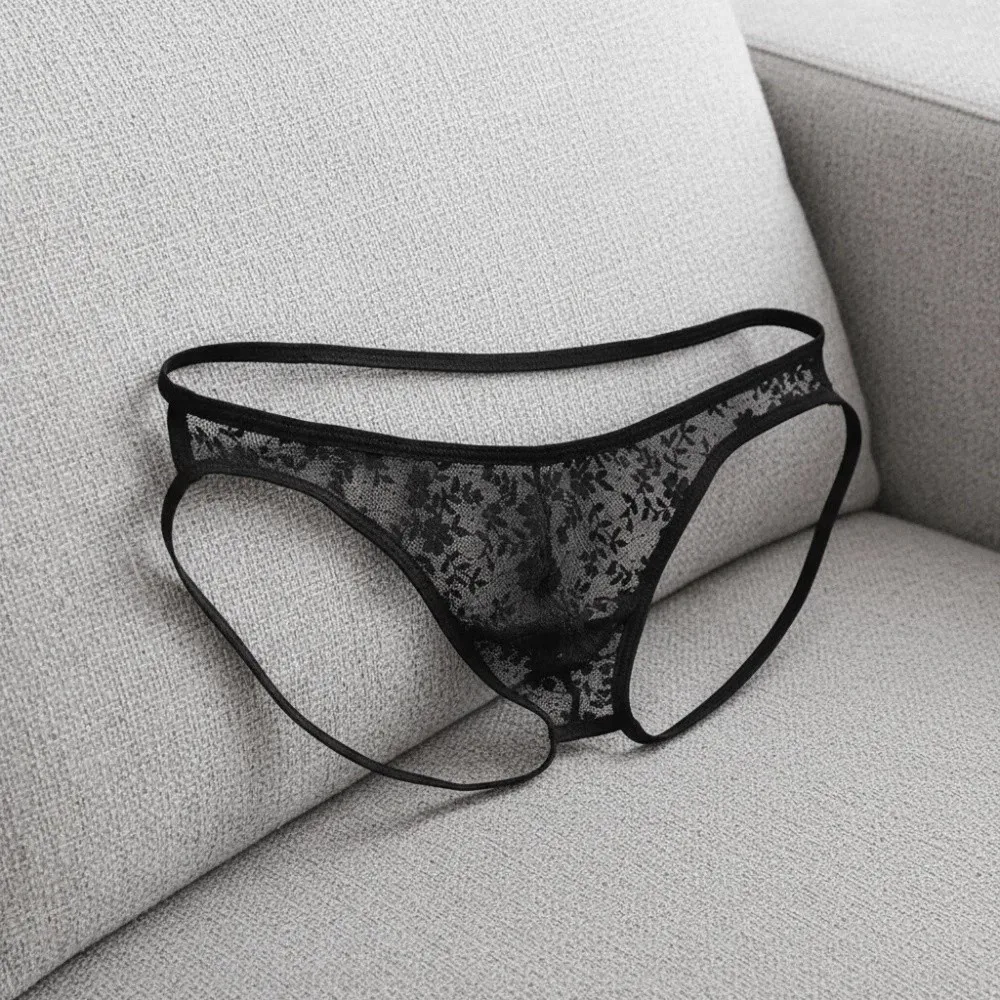 Breathable Low Waist Men's Lace Thongs Open Crotch Transparent Men's Mesh Lace Panties Lingerie Thin Male Briefs Male
