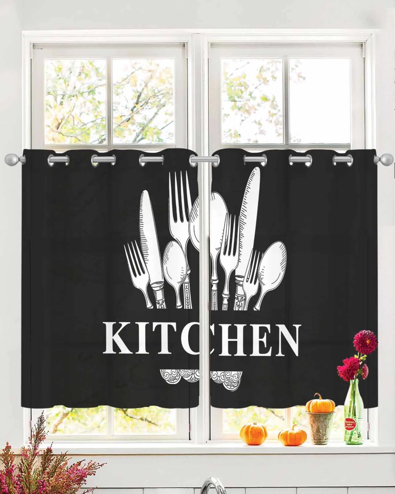 

2 Panels Set Tulle Window Curtains Kitchen Tableware Knife And Fork Rod Pocket Grommet Top Curtains for Bedroom and Living Room
