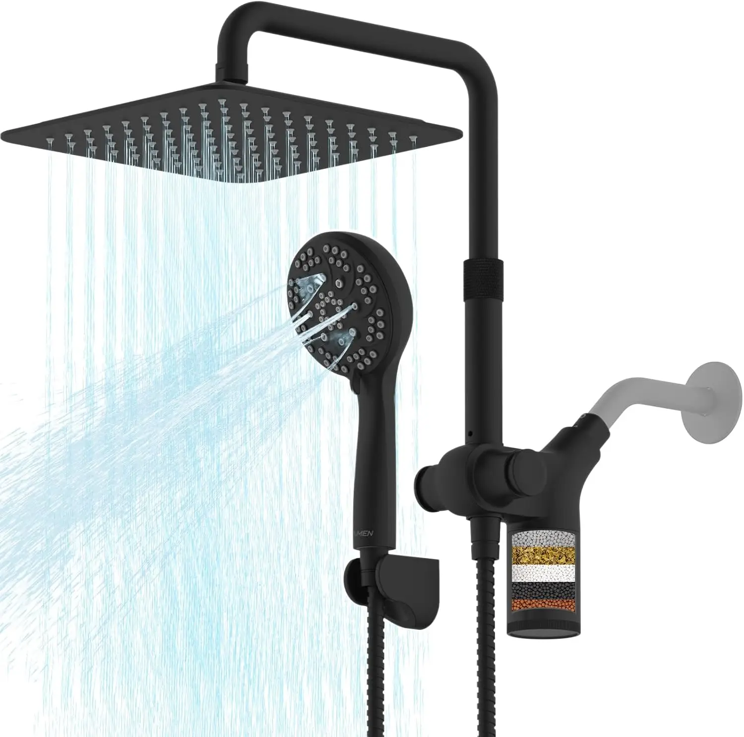

Upgraded Dual Shower Heads Combo with Filter, 10 Inch Rain and Handheld, 3-Way Diverter, High Pressure Adjustable Black