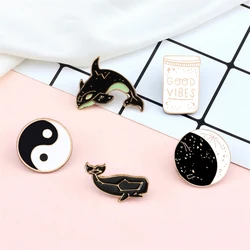 White Black Enamel Pins Constellation Moon GOOD VIBES Bottle Whale Fish Cartoon Brooch Coat Jackets Lapel Pin Badge Jewelry Gift