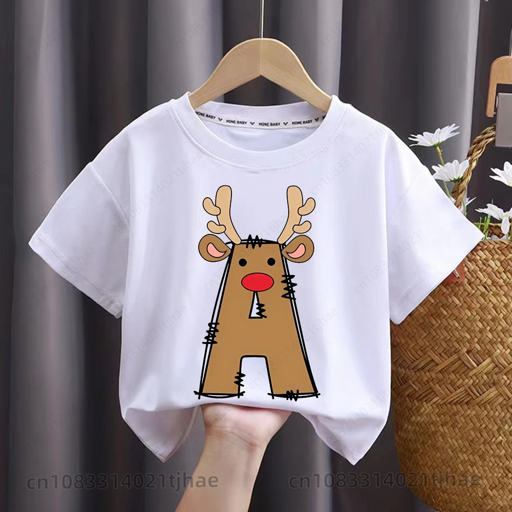 

Merry Christmas Moose Graphics Kids Tshirts for Babys ABC Letters Birthday Party T-Shirt for Boys T shirts for Girl Tops Tees