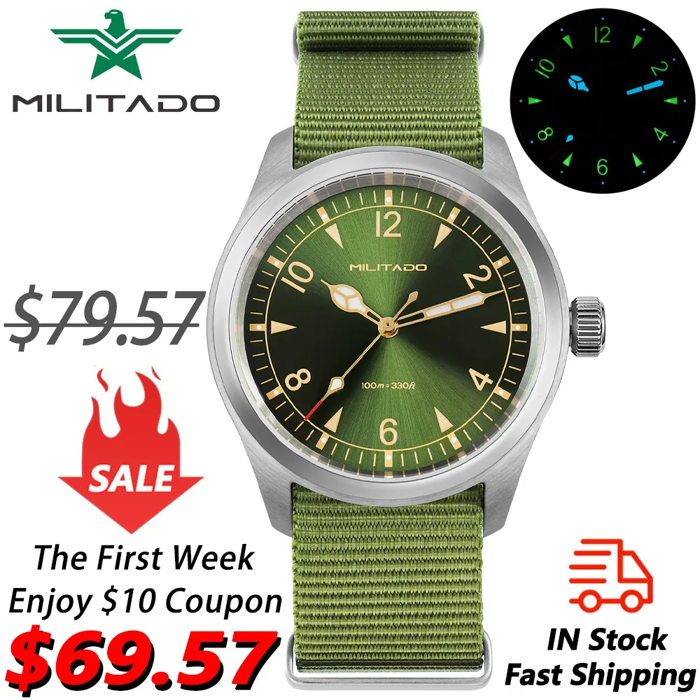 

Militado ML08 Vintage Watch VH31 Quartz Movement Domed Sapphire Crystal Wristwatch BGW9 Luminous Vintage 38mm Quartz Watches