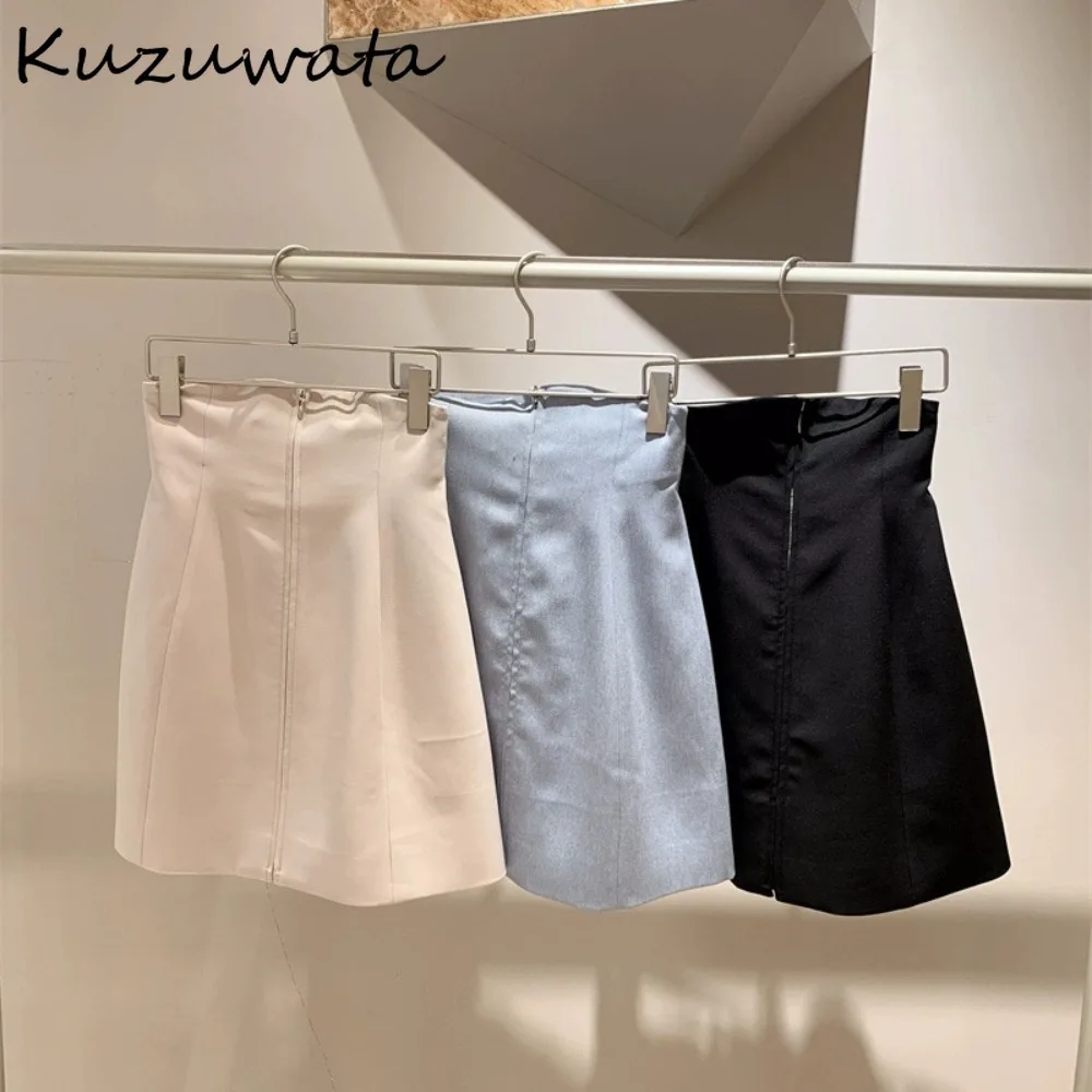 Kuzuwata Solido A Vita Alta A-line Zip Mujer Faldas Slim Fit Casual Increspato Gonna Elegante Giappone Nuovo All-match Aderente Moda Faldas