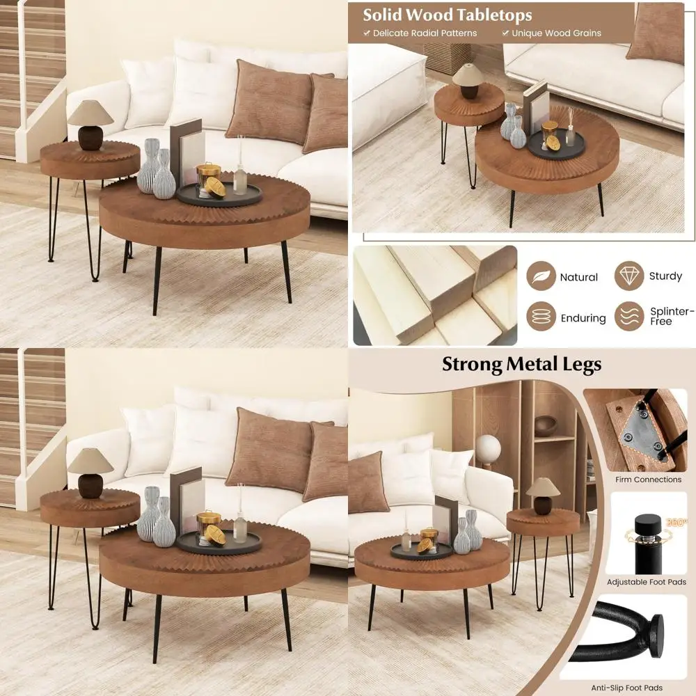

Boho Style Round Coffee Table Duo with Solid Pine Wood Tops, Metal Legs, and Adjustable Feet