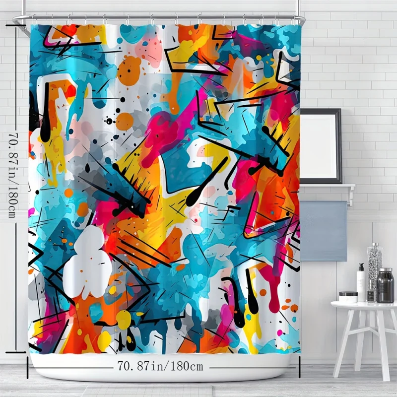 YWJHUI Artistic Graffiti Geometric Pattern Shower Curtain, Digital Print Colorful Polyester Water-resistant Curtain with Hooks,