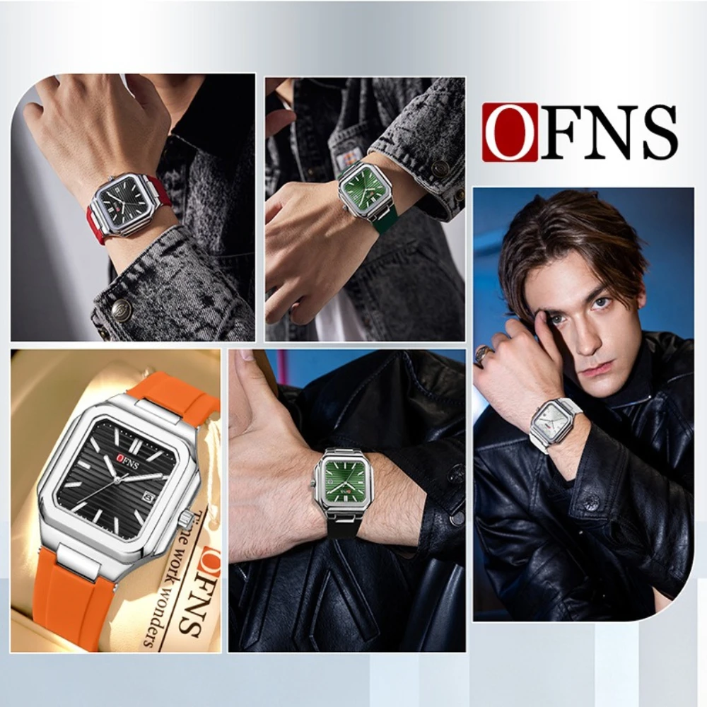 OFNS 1650 موضة الترفيه ساعة كوارتز الرياضة سيليكون حزام التقويم مضيئة مقاوم للماء ساعات مربعة للرجال Reloj Hombre #5