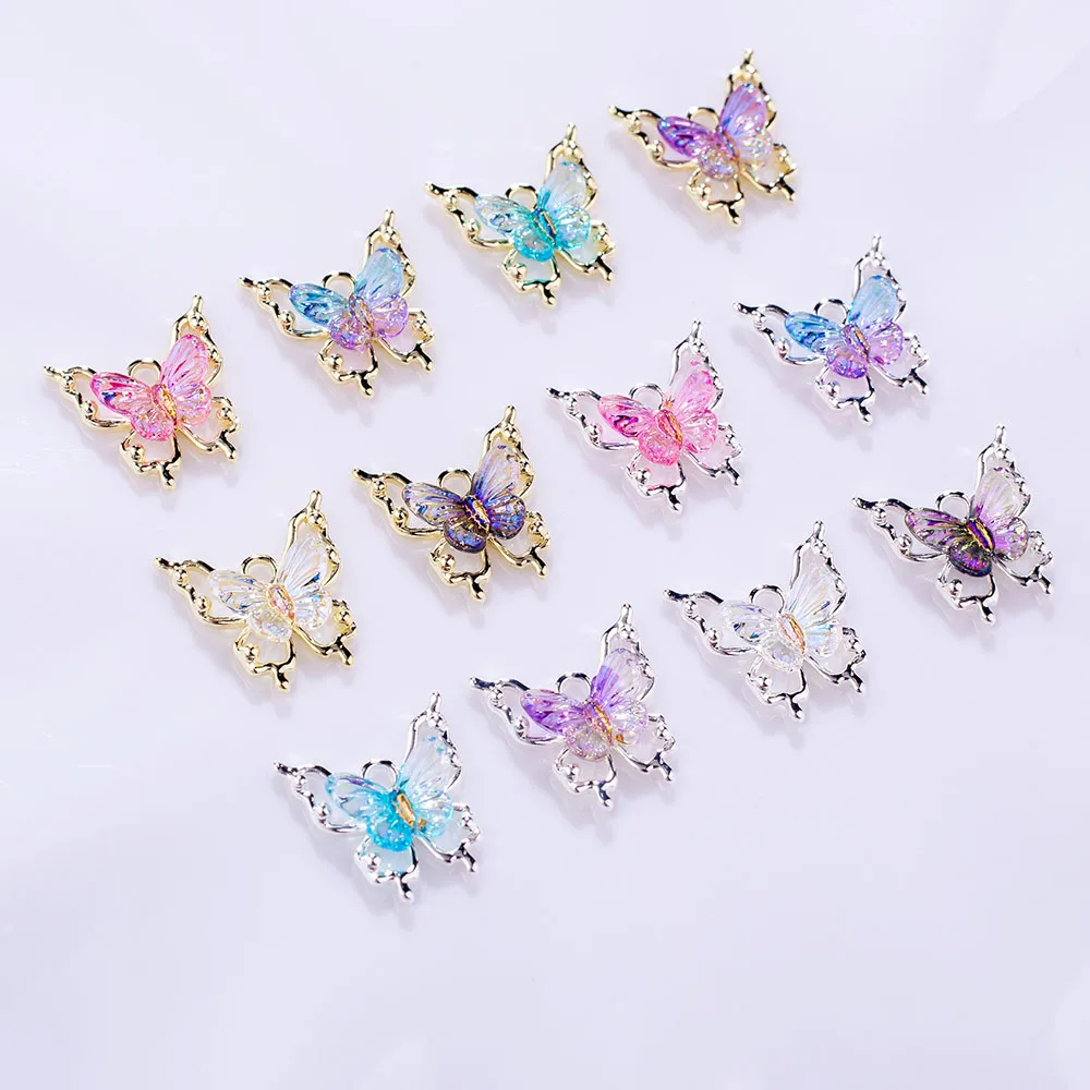 10pcs/bag Hollow Metal Nail Charms Gold Silver Butterflies 3D Decoration for Mnicure Accessories Double Leal Nail Supplies