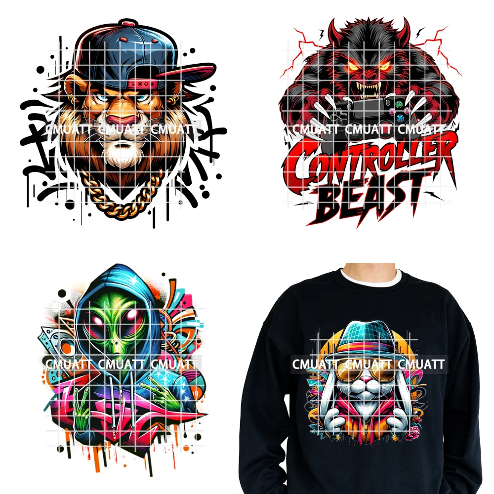 

12in Cartoon Jungle King Beats Graffiti Hip Hop Streetwear Animal Iron on DTF Transfer Stickers Ready to Press for Clothing Bags