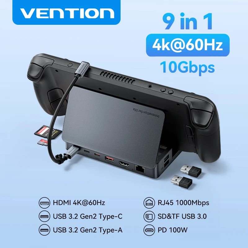 

Игровая док-станция Vention USB C для Steam Deck HDMI 4K@60Hz RJ45 USB 3.2 10 Гбит/с, адаптер-концентратор для Switch Rog Ally X Legion Go