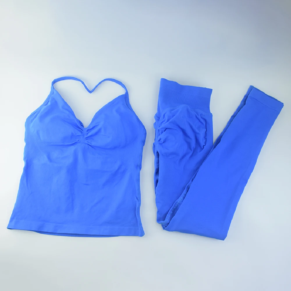 مجموعات اليوغا ملابس الصالة الرياضية النسائية غير الخطوط Strappy أعلى أكتيفيوير البدلة الرياضية 2 قطعة اللياقة البدنية الجري تجريب ملابس رياضية لا شعار