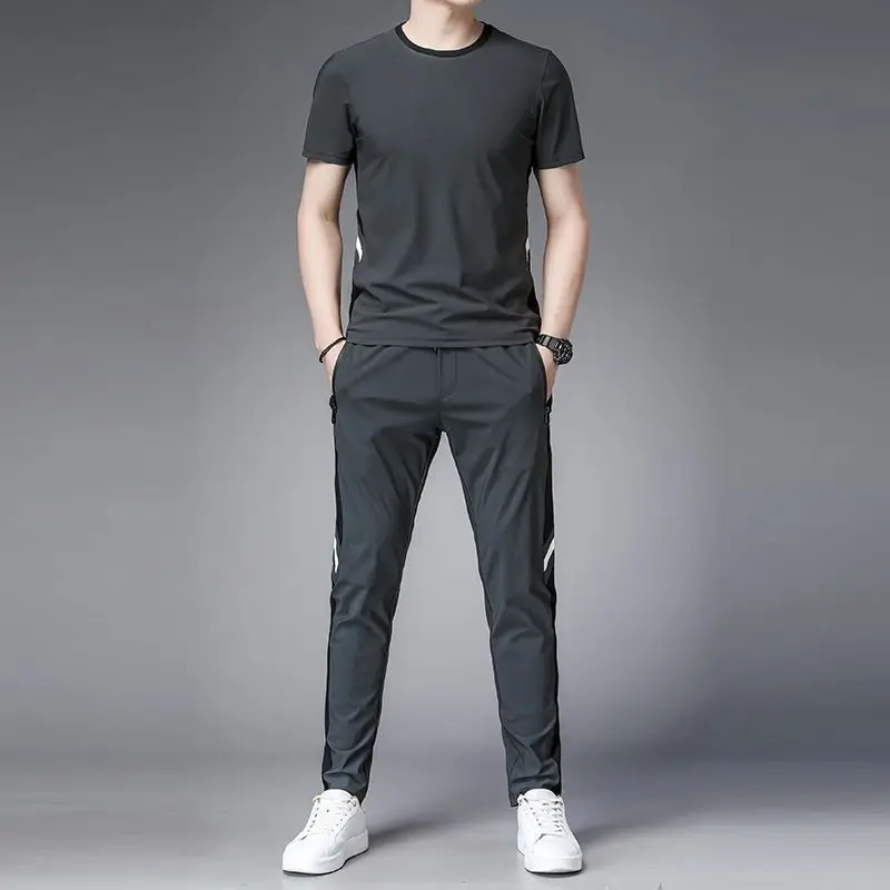 Top No Logo T Shirt Man Khaki Men\'s Clothing 2024 Trend Sports Suits Smooth Pants Sets Sportswear Tracksuit Korean Style Basic