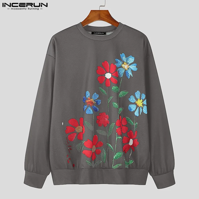 INCERUN Handsome New Men Tops Floral Print Pullovers Streetwear Male Hot Selling Personality Long Sleeved Sweatshirts S-4XL 2024