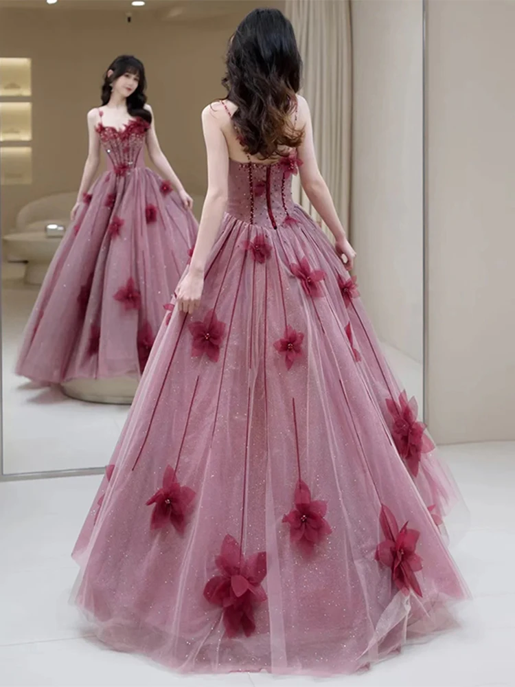 Vestido De Noche De princesa De flores 3D con tirantes finos color Burdeos, apliques hasta el suelo, vestido De graduación para fiesta De boda, Vestidos De Noche